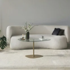 Table basse verre minimaliste forme galet et pied doré TULUM