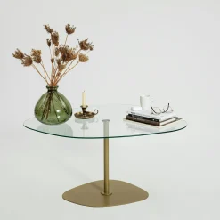 Table basse verre minimaliste forme galet et pied doré TULUM