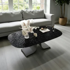 Table basse verre ondulé noir, pied ouvert LIGURIE