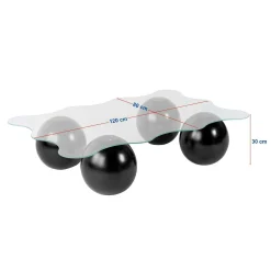 Table basse verre profil ondulé - 4 pieds boules noirs KOCHI
