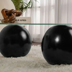 Table basse verre profil ondulé - 4 pieds boules noirs KOCHI
