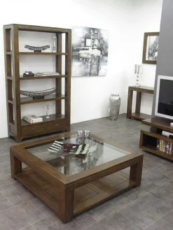 Table basse vitrée carrée hévéa 100cm HELENA