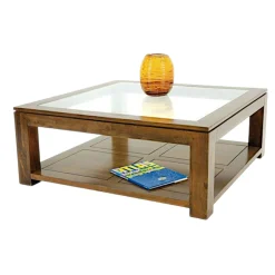 Table basse vitrée carrée hévéa 100cm HELENA