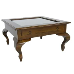Table basse vitrée Hévéa 1 tiroir, pieds galbés 80x80x46cm MAORI