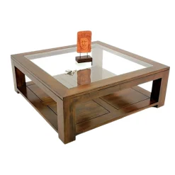 Table basse vitrée hévéa 110X110cm HELENA