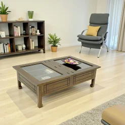 Table basse vitrée plateau ouvrant hévéa 125x80x40cm MAORI