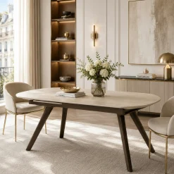 Table céramique décor travertin pieds bronze 140-180 cm LORA