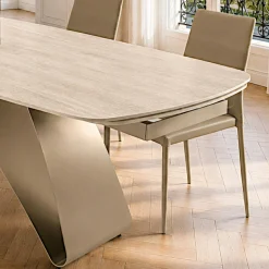 Table céramique décor travertin pied design bronze 200-280 cm LORA