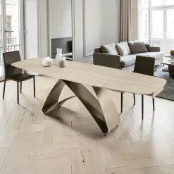 Table céramique décor travertin pied design bronze 200-280 cm LORA