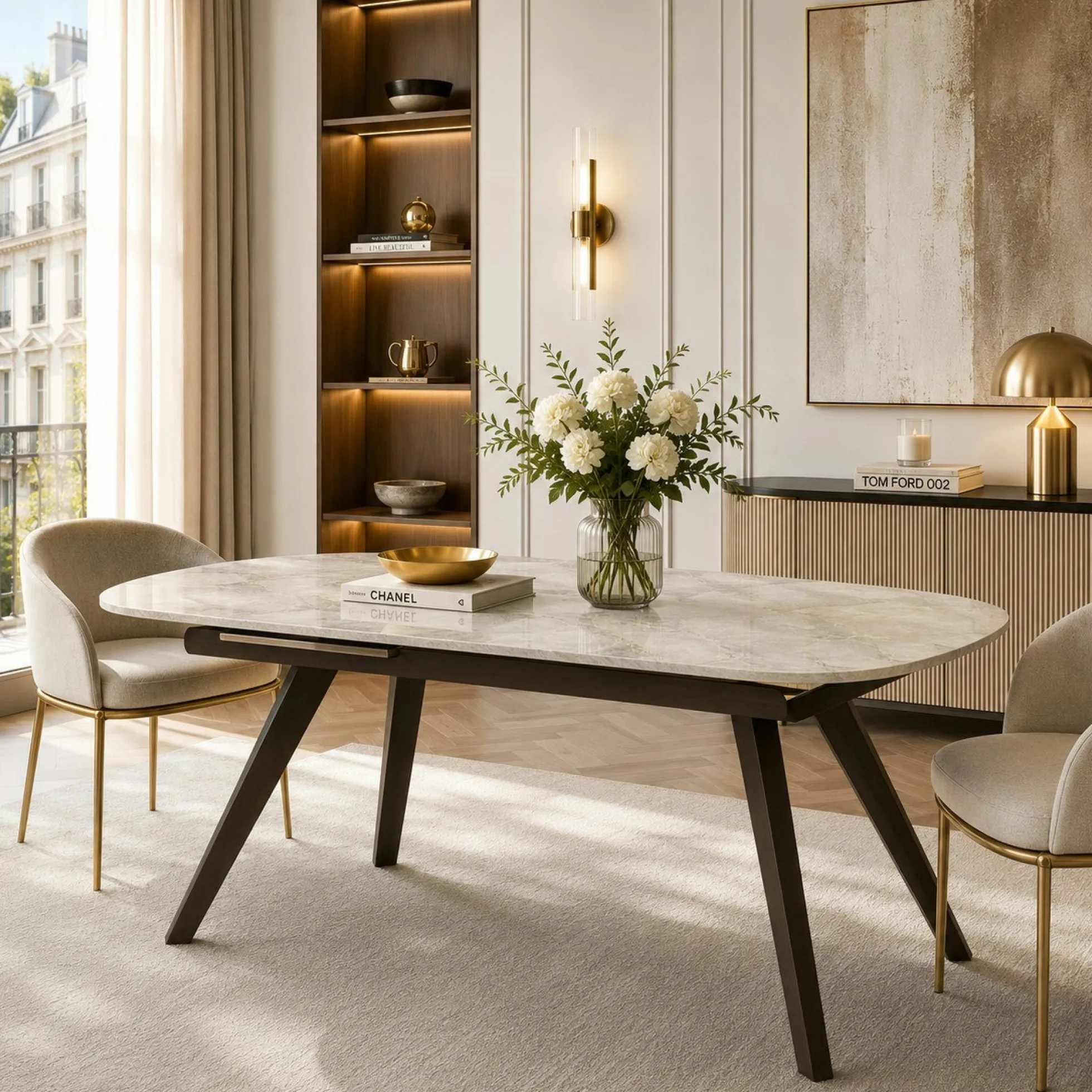 Table céramique effet onyx pieds bronze 140-180 cm LORA