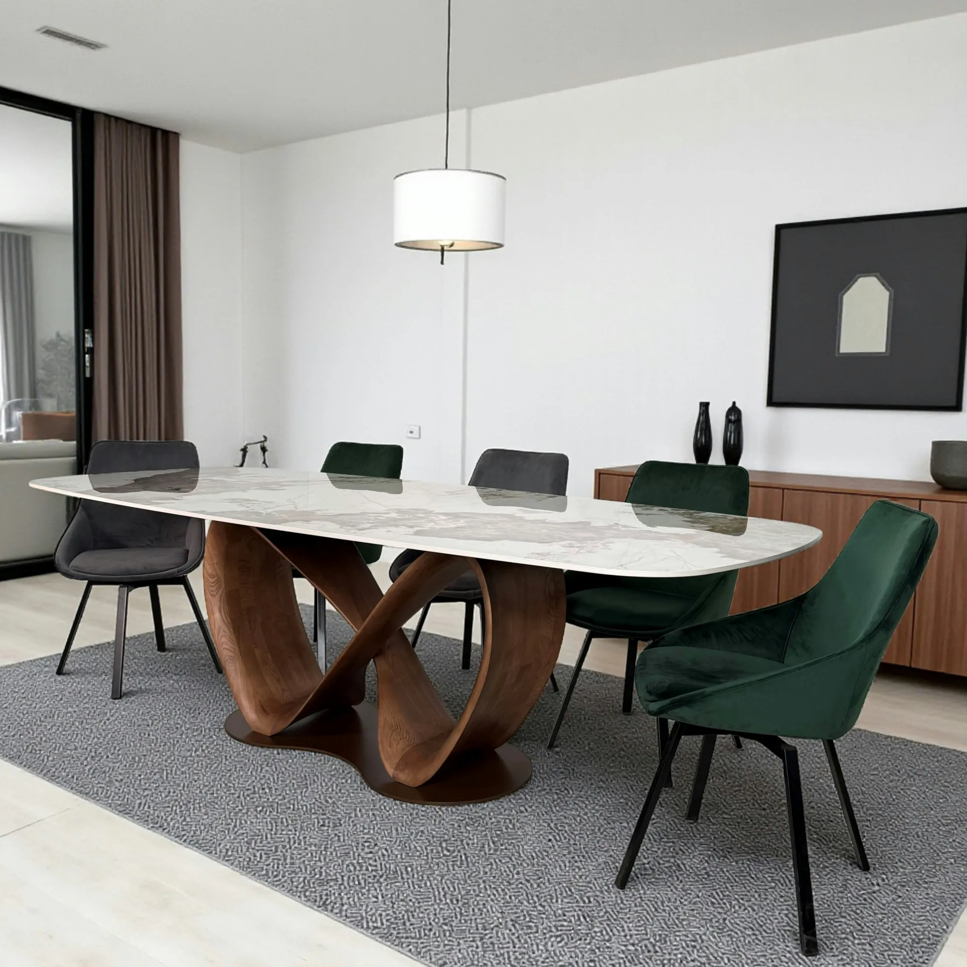 Table céramique marbrée pied ruban bois brun 220 cm ALDER