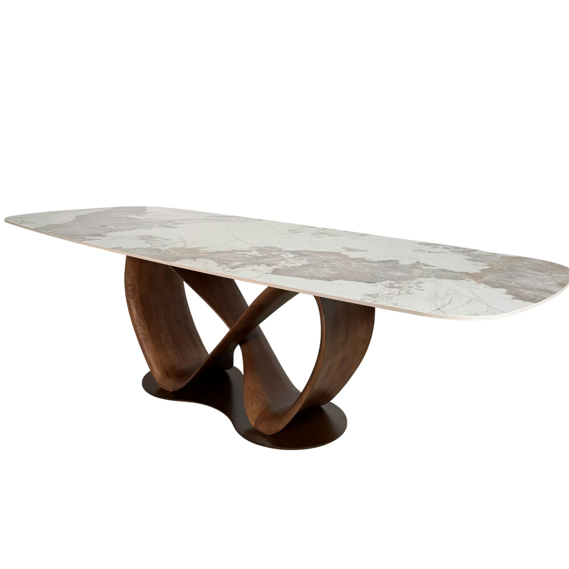 Table céramique marbrée pied ruban bois brun 220 cm ALDER