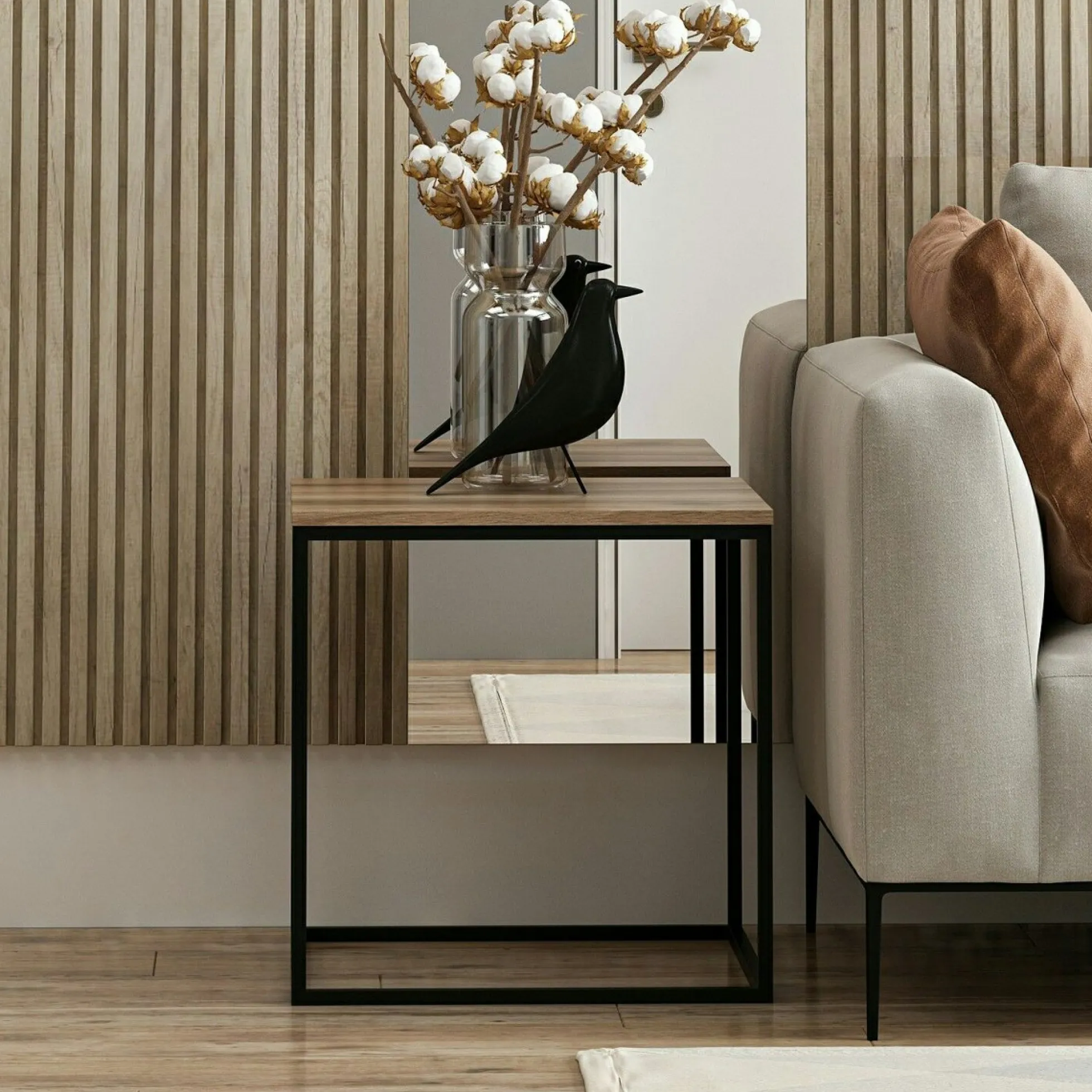 Table d'appoint carrée décor bois noyer structure métal JENA