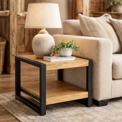 Table d'appoint carrée en bois clair et métal noir MILORA