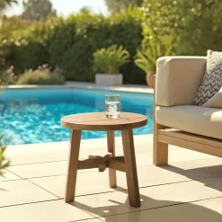 Table d'appoint de jardin ronde en bois de teck recyclé naturel D47 cm SANTO