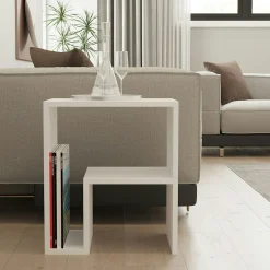 Table d'appoint design blanche, forme L avec rangement MARFA