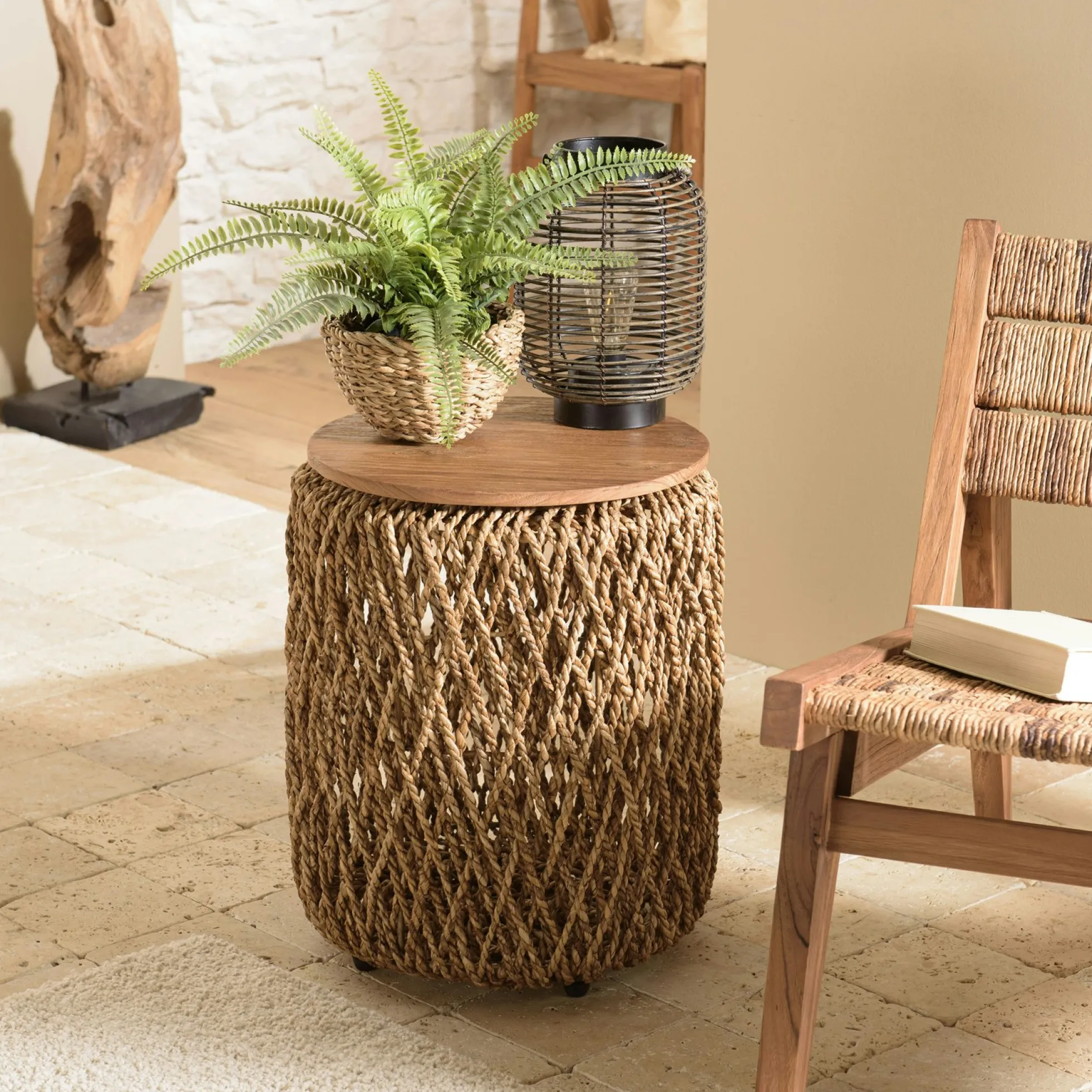 Table d'appoint ronde 38 cm fibre de coco et bois recyclé SWING
