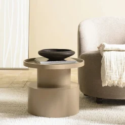 Table d'appoint ronde en bois peint taupe D45cm CASTILLE