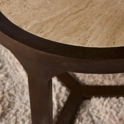 Table d'appoint travertin et bois 3 pieds Ø60 cm DUOMO