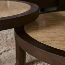 Table d'appoint travertin et bois 3 pieds Ø60 cm DUOMO