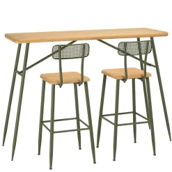 Table de bar + 2 chaises hautes pin et métal vert BAGAN