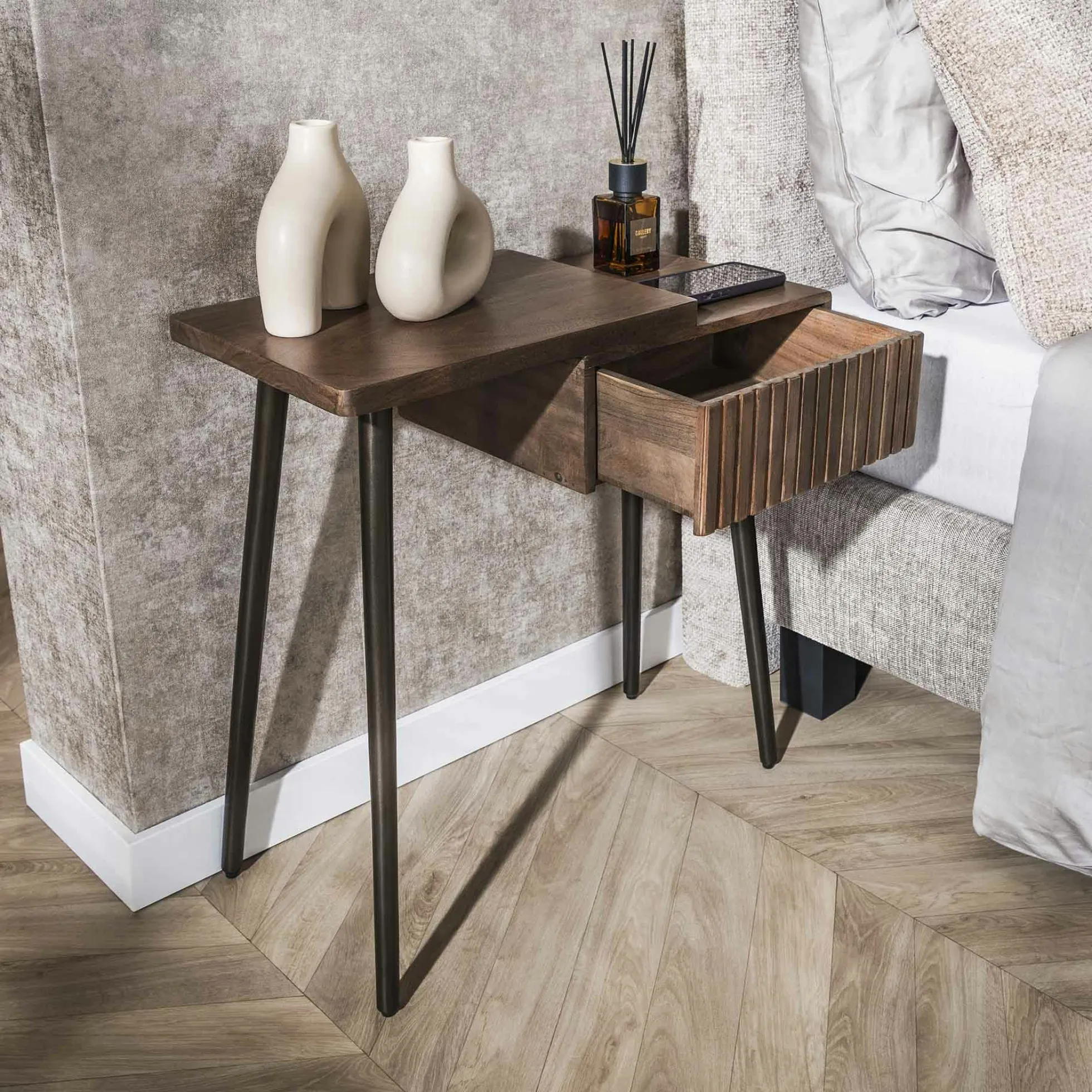Table de chevet bois brun 2 plateaux & tiroir rainuré (G) NAKO