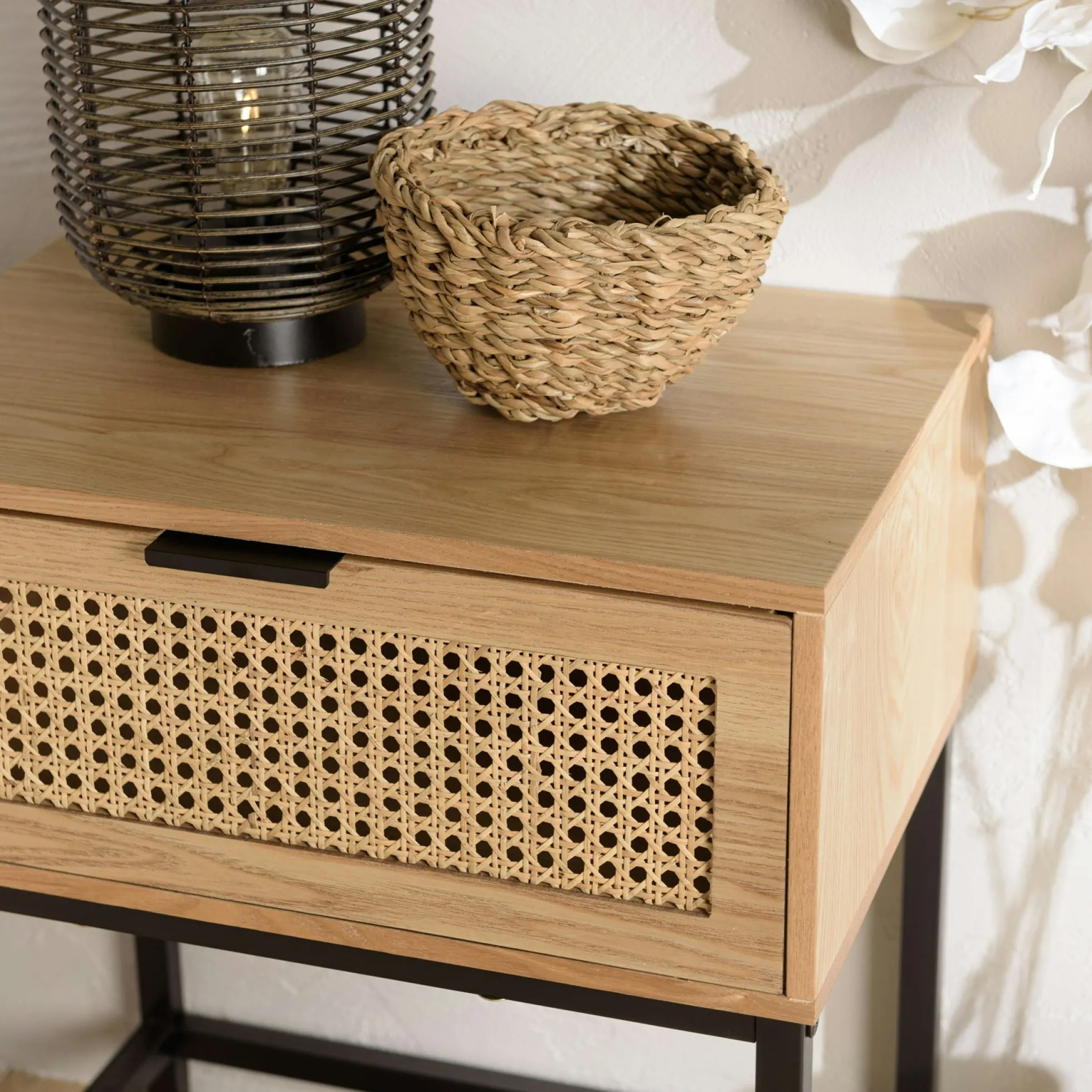 Table de chevet en bois 1 tiroir cannage rotin PALMA