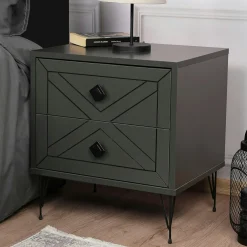 Table de chevet gris sombre 2 tiroirs pieds épingle JENA