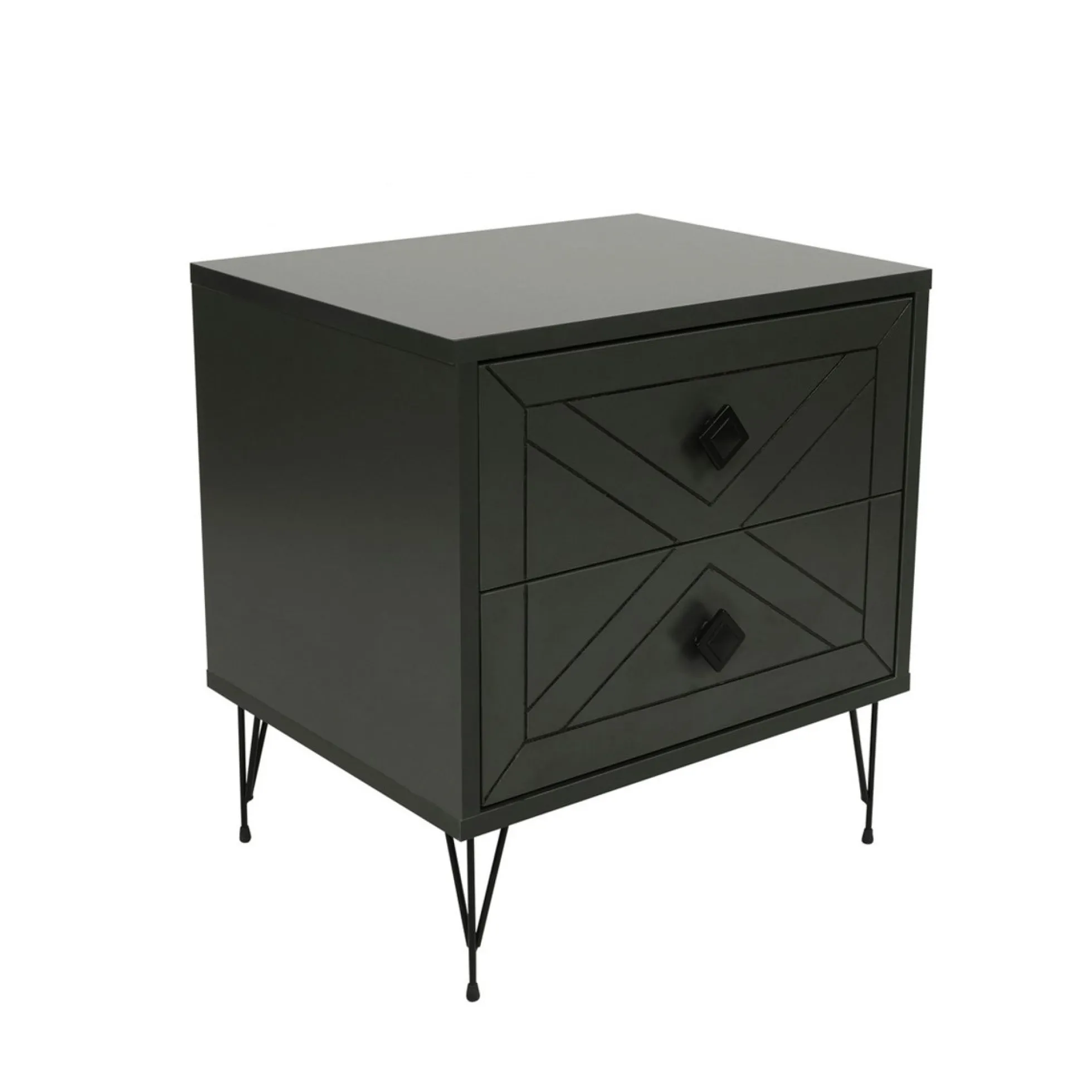 Table de chevet gris sombre 2 tiroirs pieds épingle JENA