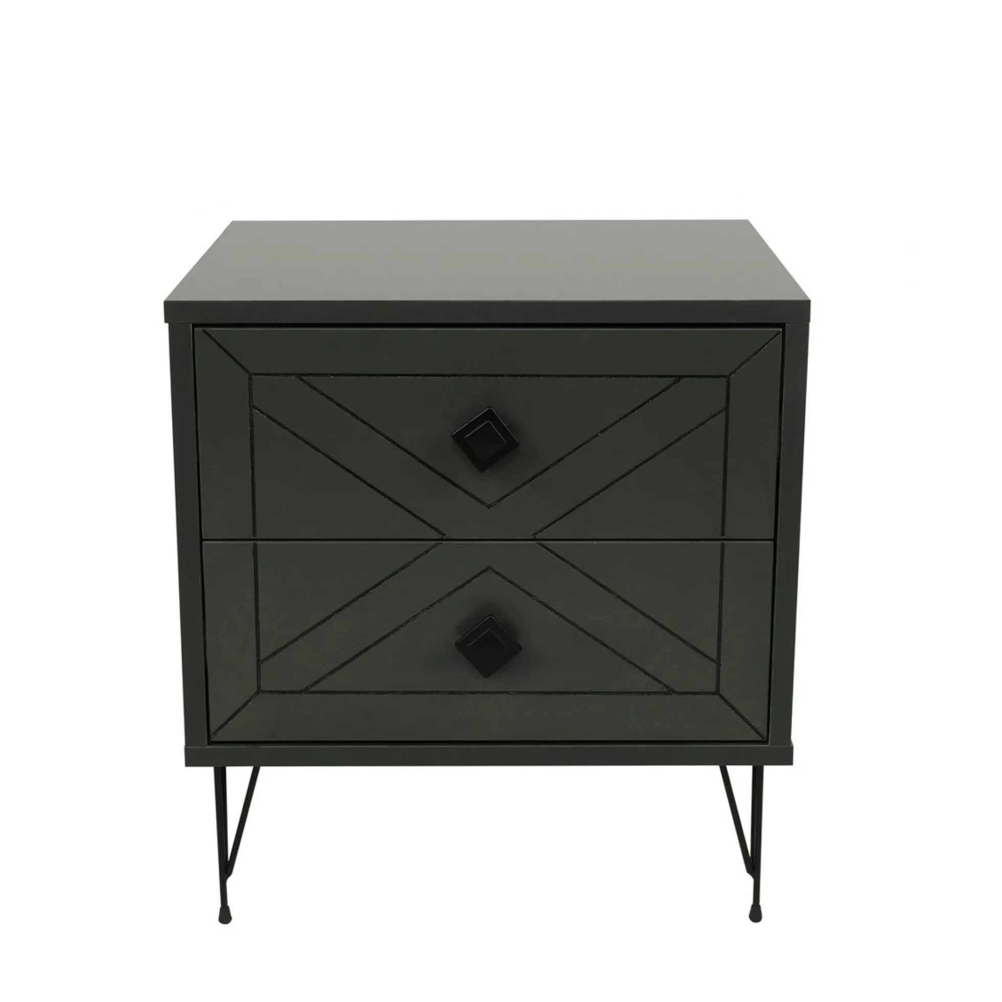 Table de chevet gris sombre 2 tiroirs pieds épingle JENA