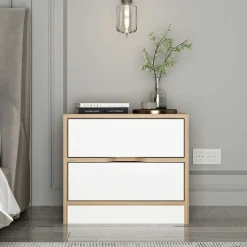 Table de chevet moderne 2 tiroirs décor bois et blanc BYRON