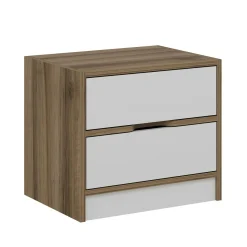 Table de chevet moderne 2 tiroirs décor bois et blanc BYRON