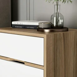 Table de chevet moderne 2 tiroirs décor bois et blanc BYRON