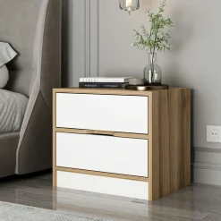 Table de chevet moderne 2 tiroirs décor bois et blanc BYRON