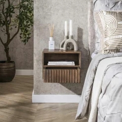 Table de chevet murale bois brun, tiroir & niche NAKO