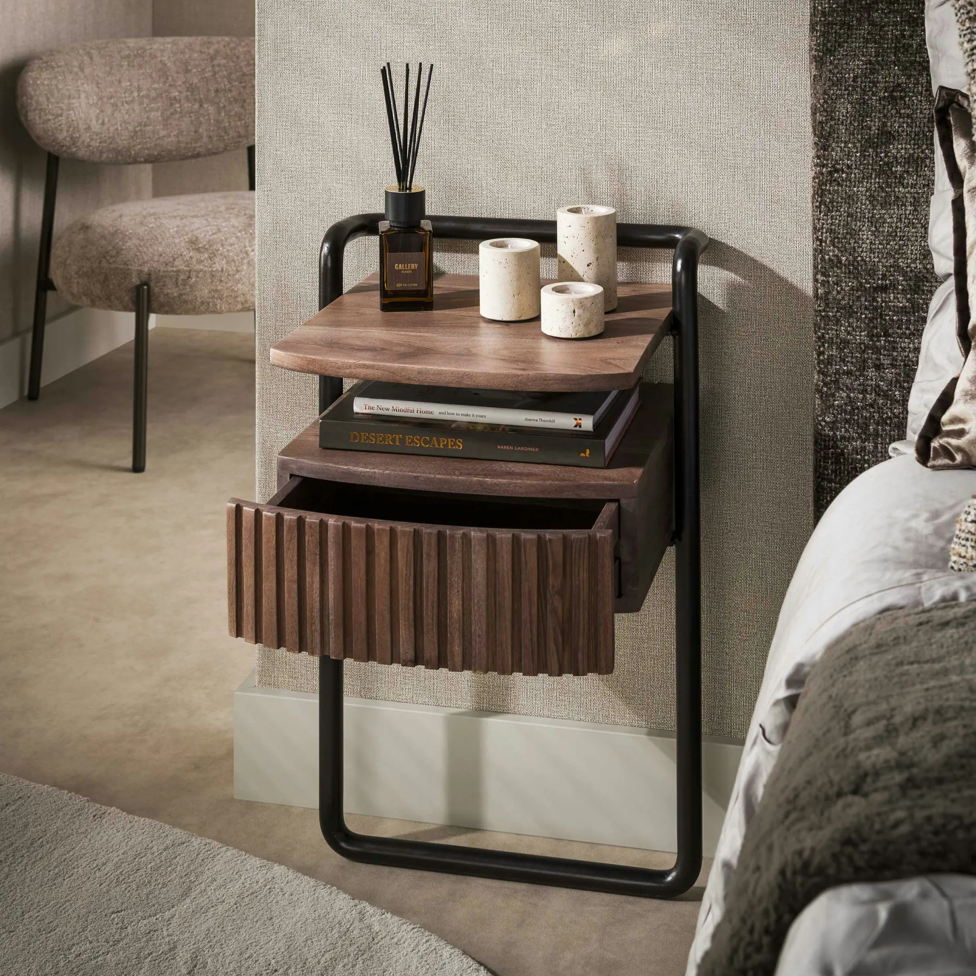 Table de chevet murale bois foncé 1 tablette 1 tiroir NAKO