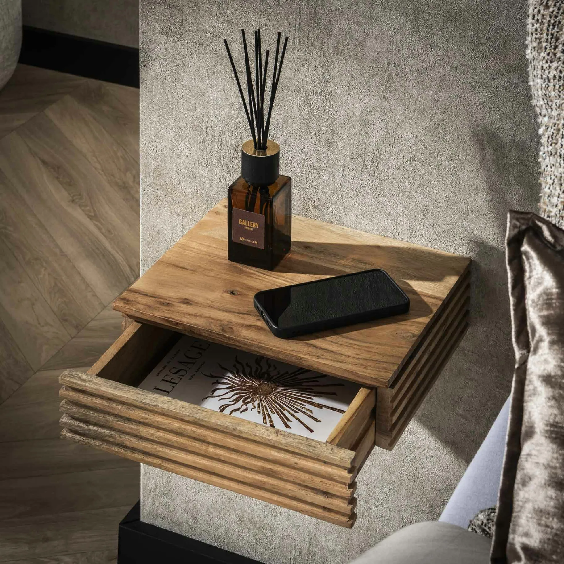 Table de chevet murale en bois d'acacia avec stries (lot de 2) MELBOURNE