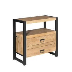 Table de chevet 2 tiroirs bois clair et métal noir MILORA