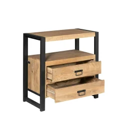 Table de chevet 2 tiroirs bois clair et métal noir MILORA