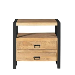 Table de chevet 2 tiroirs bois clair et métal noir MILORA
