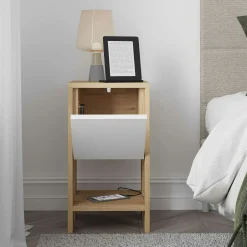 Table de chevet étroite décor bois porte blanche MARFA