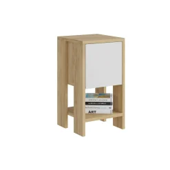 Table de chevet étroite décor bois porte blanche MARFA