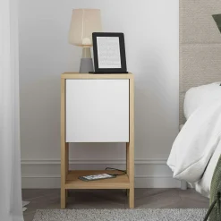 Table de chevet étroite décor bois porte blanche MARFA