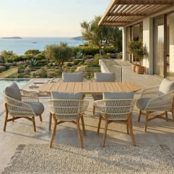 Table de jardin en teck + 6 fauteuils cordage VASCA