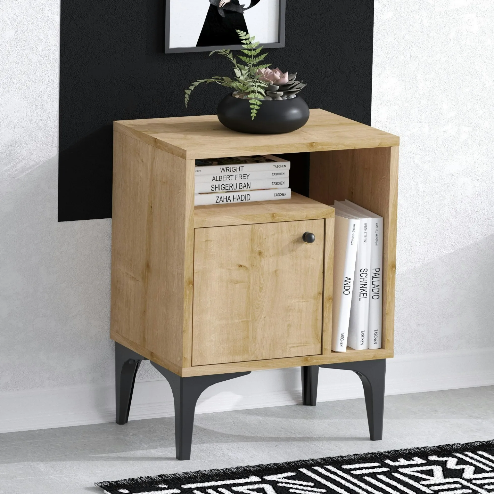 Table de nuit avec rangement effet chêne - 1 porte 1 niche JENA
