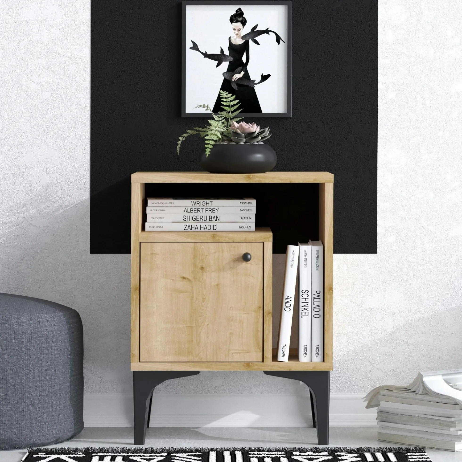 Table de nuit avec rangement effet chêne - 1 porte 1 niche JENA
