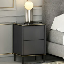 Table de nuit moderne chic gris foncé, plateau marbré BYRON