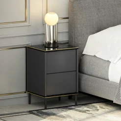 Table de nuit moderne chic gris foncé, plateau marbré BYRON