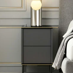 Table de nuit moderne chic gris foncé, plateau marbré BYRON