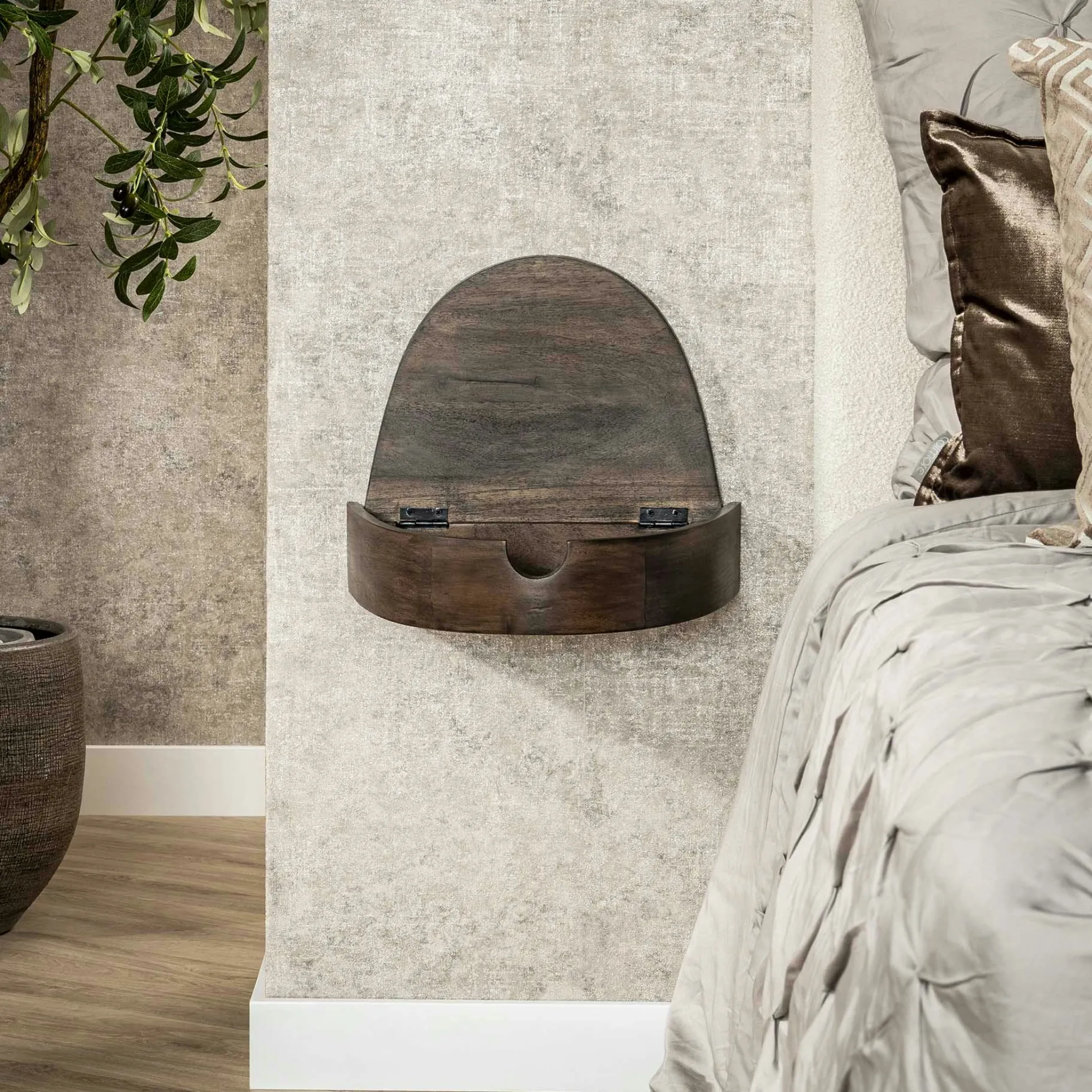Table de nuit murale bois brun, tiroir demi-lune (x2) NAKO